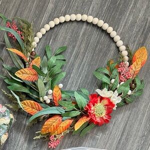 New home decor wreath pink mustard boho rustic farmhouse wood beads hippie